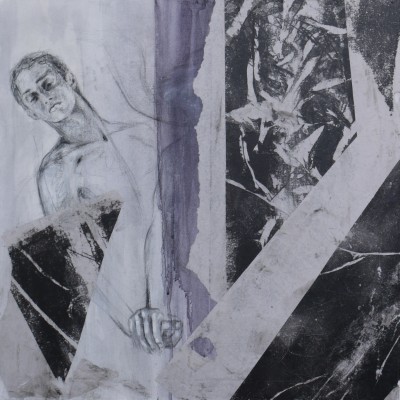 Acrylgemälde eines Tänzers inmitten von abstrakten schwarzen und weissen Strukturen 